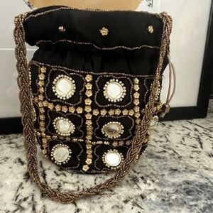 Unique Handcrafted Black Satin Gold Bead Mirrored Drawstring Mini Bag